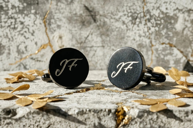 Roaring 20s Paris boutons de manchette ronds en acier noir personnalisés avec initiales JF, accessoire costume homme.