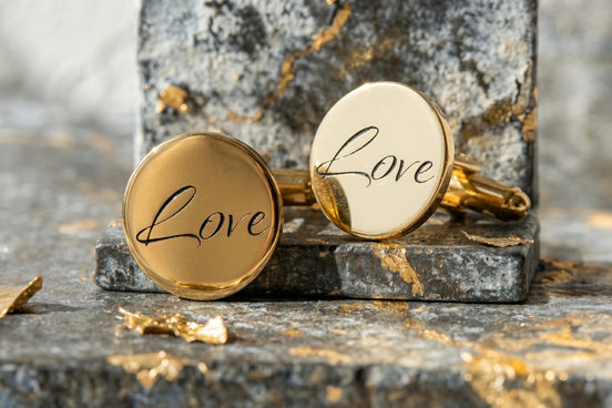 Boutons de manchette ronds en acier doré avec l'inscription "Love" de Roaring 20s Paris. Idée cadeau homme.