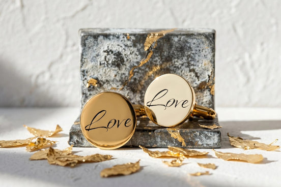 Boutons de manchette ronds en acier doré avec inscription "Love" de Roaring 20s Paris, idéaux pour un mariage.