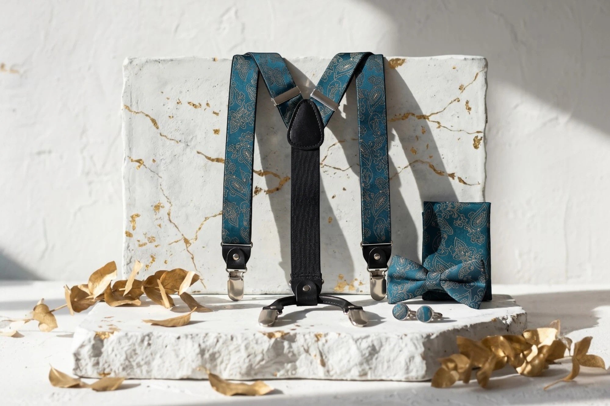 Ensemble Roaring 20s Paris : bretelles ajustables bleu canard motif cachemire doré, nœud papillon, pochette et boutons de manchette.