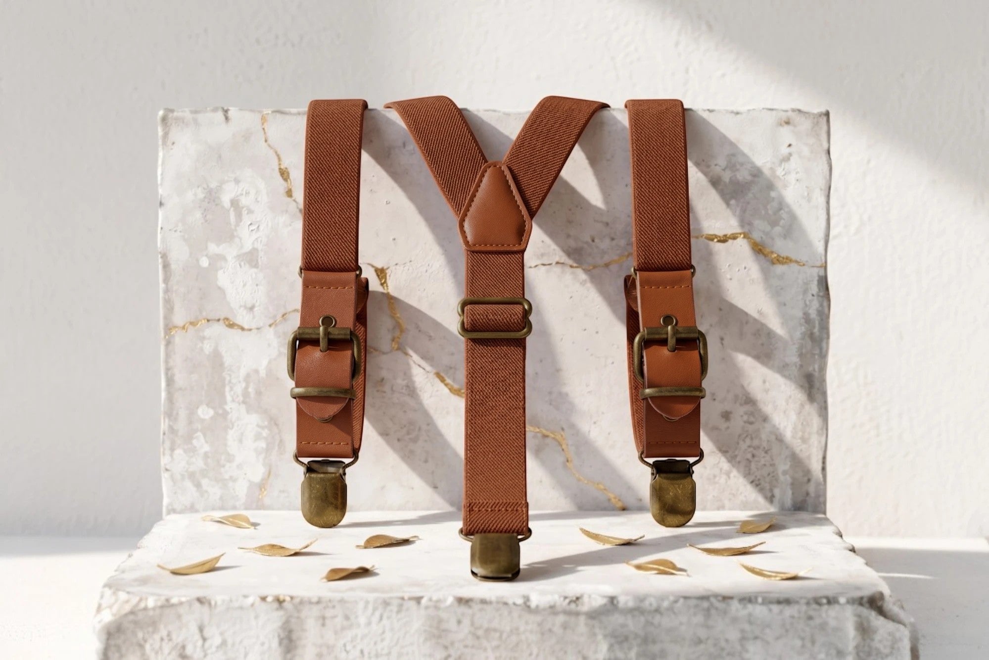 Bretelles en cuir marron foncé Shelby, style rétro chic, pour homme et femme, avec pinces et boucles en laiton.