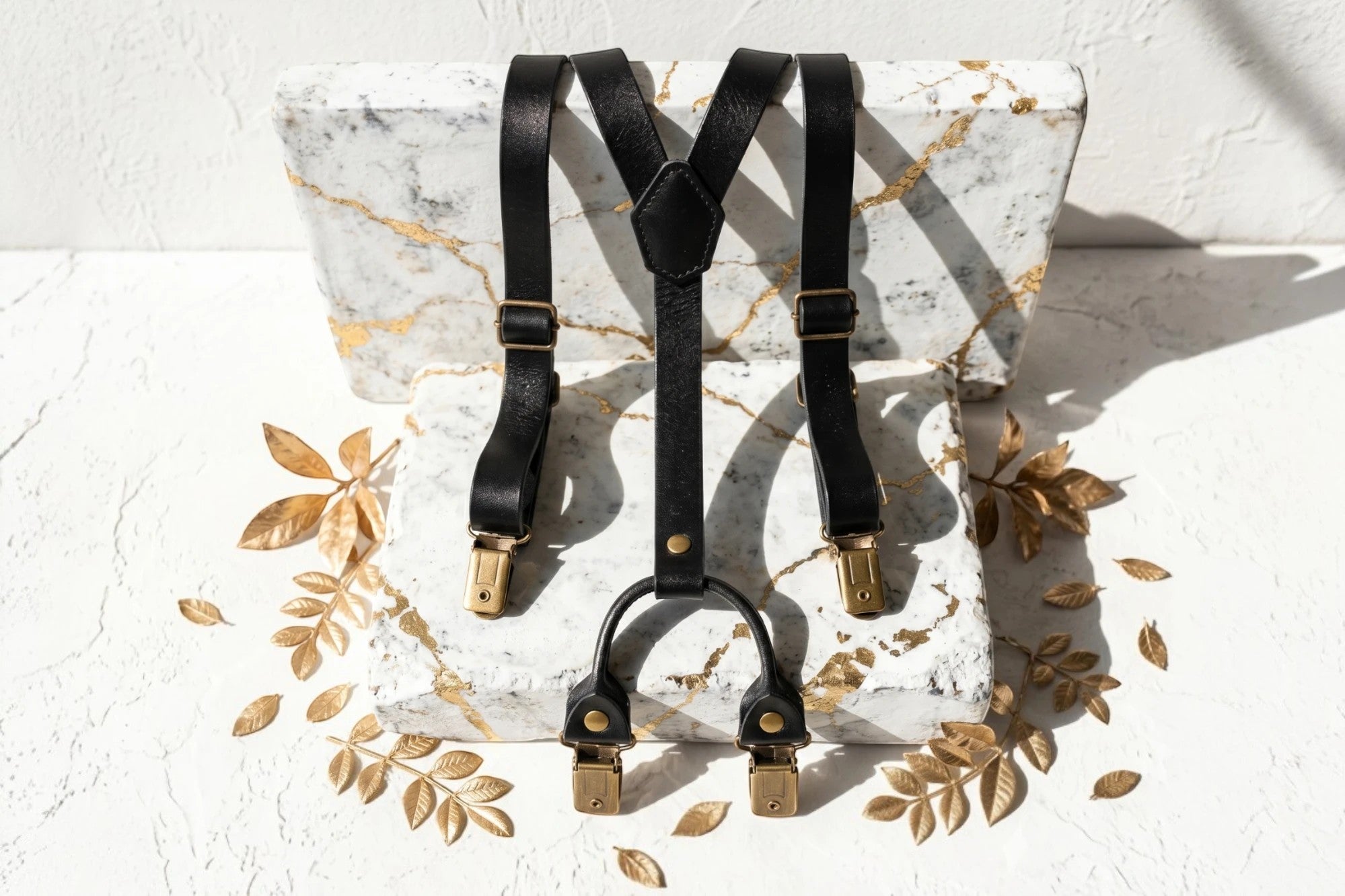 Bretelles Smith en cuir noir, style vintage, pour costume de mariage. Ajustables et ornées de pinces dorées.