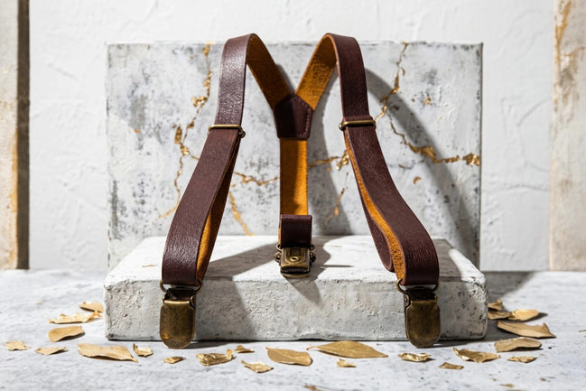 Bretelles en cuir marron B.Gatsby, style vintage, pour costume de mariage, avec pinces en laiton, 1.6 cm de large.