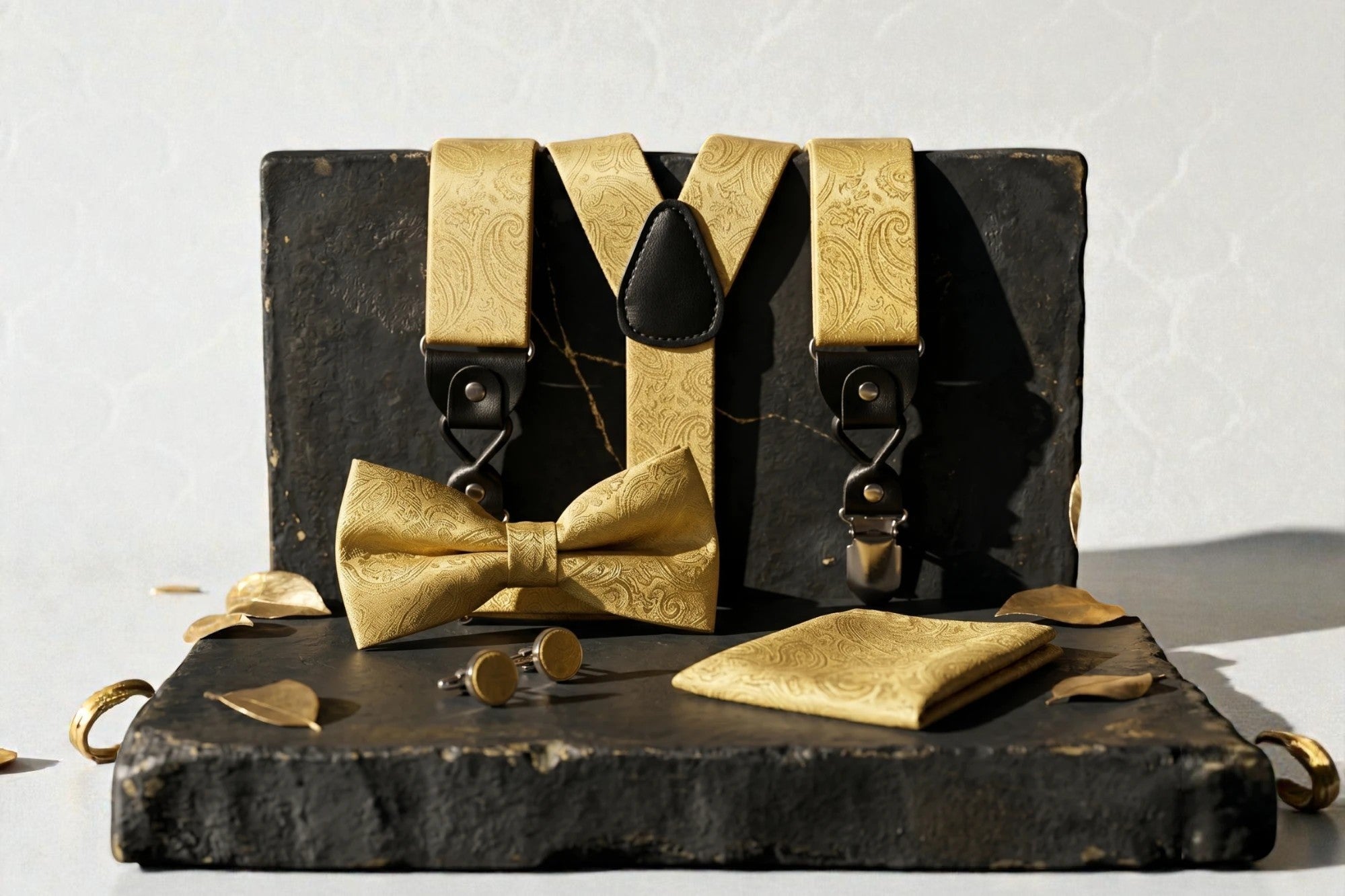 Ensemble Roaring 20s Paris : bretelles ajustables dorées à motif cachemire, nœud papillon, pochette et boutons de manchette.