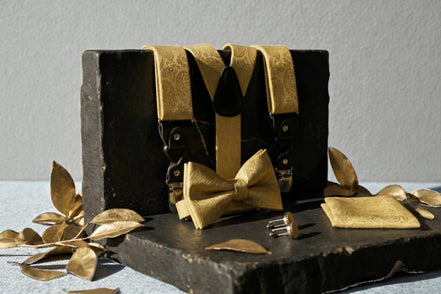 Ensemble Roaring 20s Paris : bretelles ajustables dorées à motif cachemire, nœud papillon et pochette assortis, avec boutons de manchette.