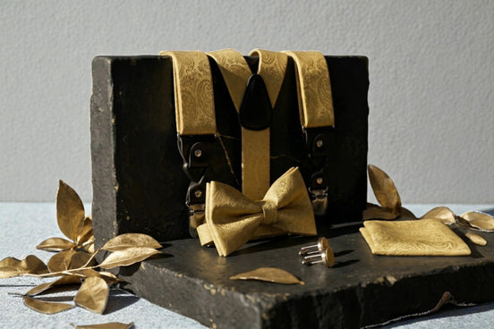 Ensemble Roaring 20s Paris : bretelles ajustables dorées à motif cachemire, nœud papillon et pochette assortis, avec boutons de manchette.