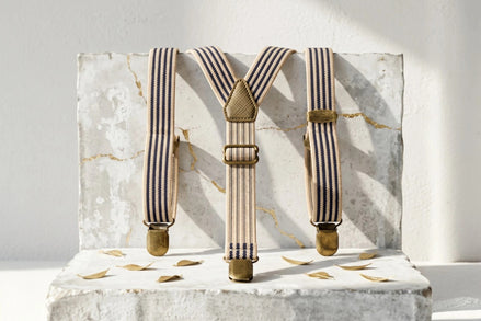 Bretelles élastiques ajustables Roaring 20s Paris bleu marine et beige à rayures, style Gatsby.
