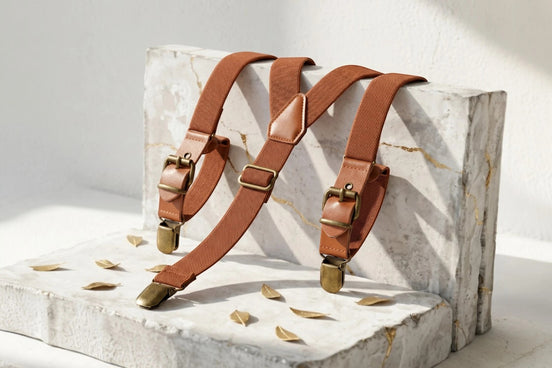 Bretelles ajustables en cuir marron et tissu élastique, avec pinces et boucles en métal vieilli. Style rétro.