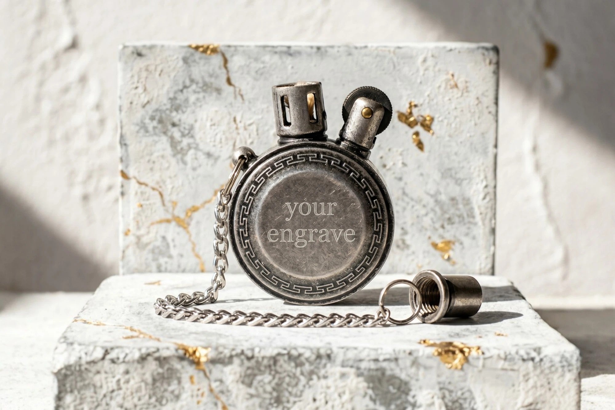 Briquet Zippo vintage en acier argenté Roaring 20s Paris avec gravure personnalisable et chaîne