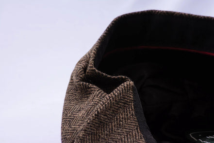 Casquette gavroche F.Shelby en lin marron à chevrons, style vintage Peaky Blinders, idéale pour l'été.