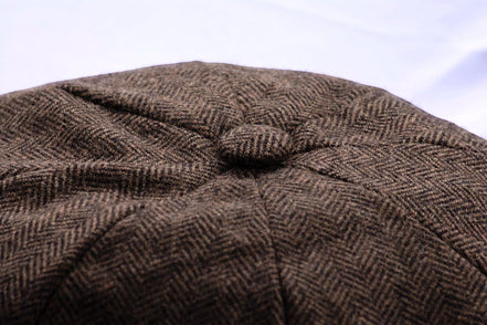 Casquette gavroche F.Shelby en lin marron à chevrons, style vintage Peaky Blinders, idéale pour l'été.