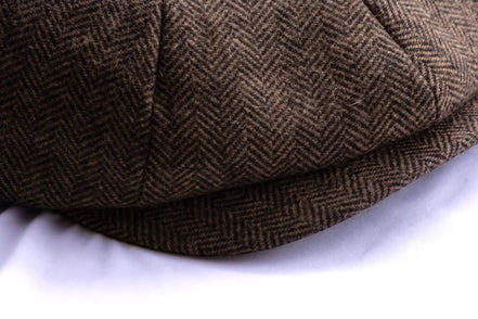 Casquette gavroche F.Shelby marron en lin avec motif chevrons, style vintage Peaky Blinders.
