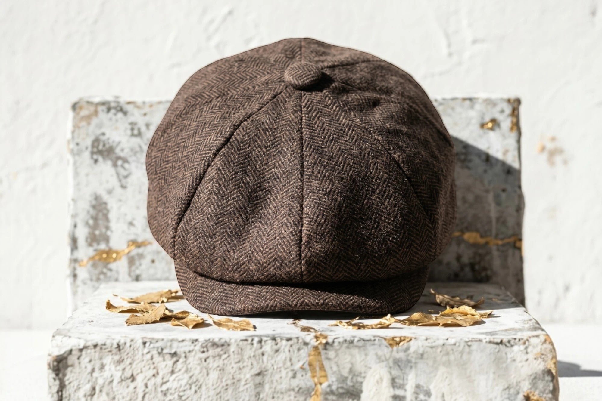 Casquette gavroche F.Shelby marron en lin avec motif chevrons, style vintage Peaky Blinders.
