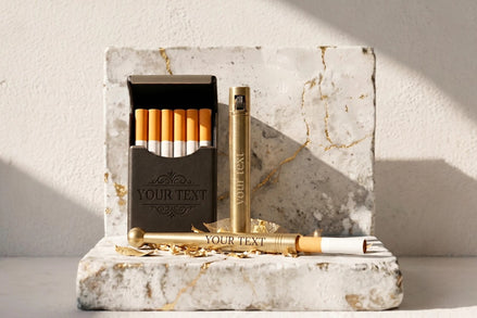 Coffret fumeur Roaring 20s Paris : étui cigarette noir, briquet doré et porte-cigarette personnalisables avec gravure.