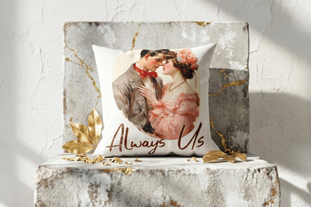 Housse de coussin Roaring 20s Paris en coton blanc avec un motif vintage d'un couple s'embrassant, texte "Always Us".