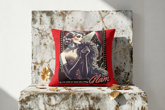 Coussin carré rouge Roaring 20s Paris avec illustration d'une diva rétro glamour, style art déco