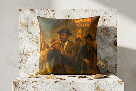 Coussin carré Roaring 20s Paris avec une peinture de club de jazz vintage, musiciens jouant de la trompette, clarinette et contrebasse.