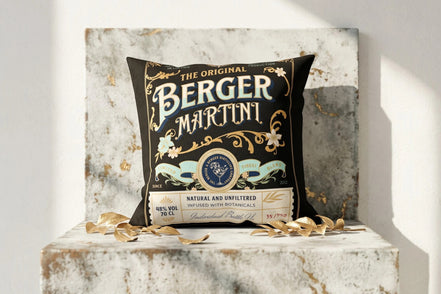 Roaring 20s Paris coussin noir avec motif martini cocktail vintage, 46x46cm, 100% coton.