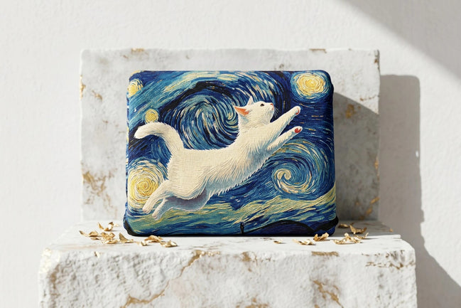 Couverture polaire Roaring 20s Paris chat blanc bondissant dans le ciel étoilé de Van Gogh, 127x153cm