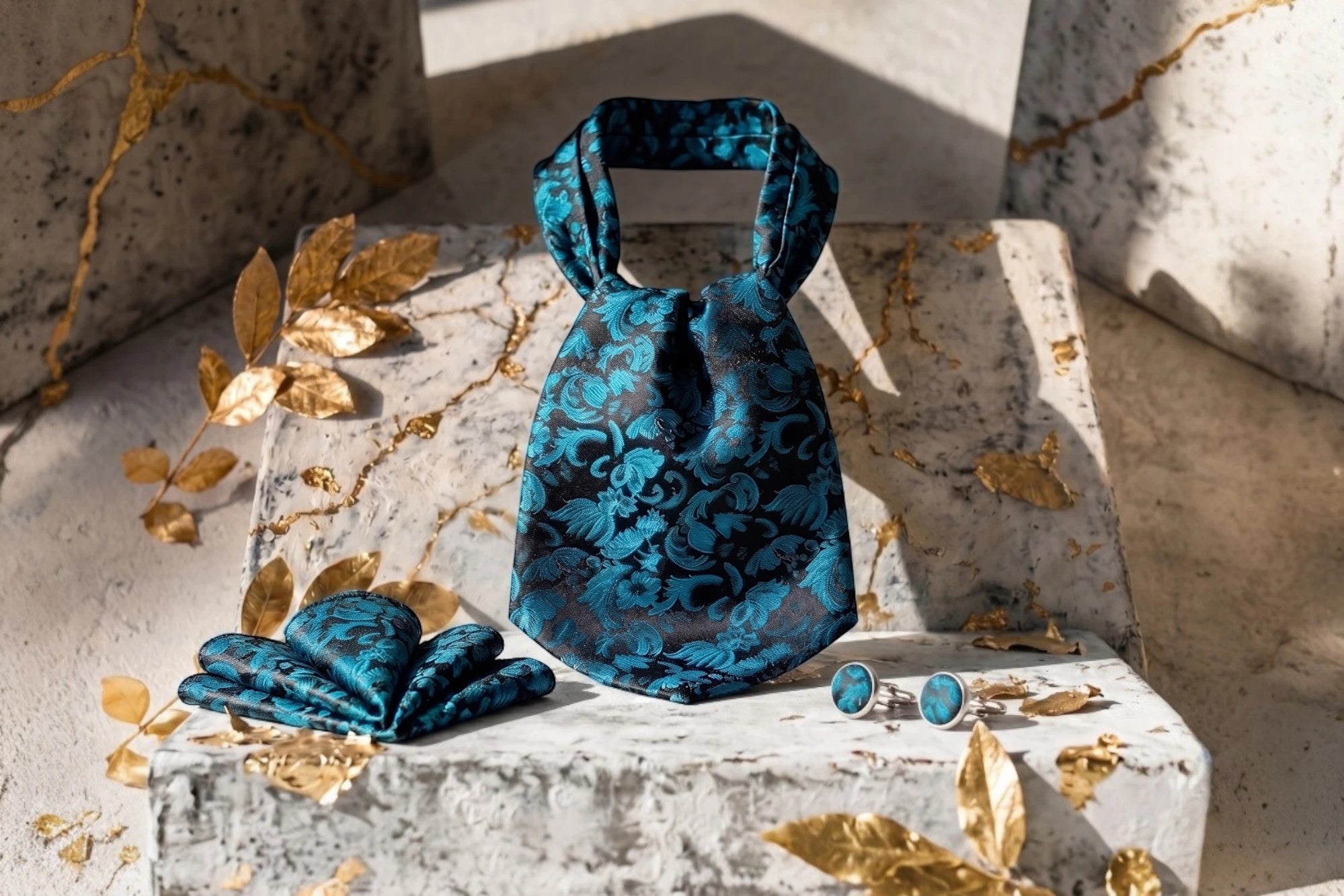 Cravate ascot en soie bleu Fenhli Roaring 20s Paris avec motifs floraux, assortie d'un mouchoir et boutons de manchette.