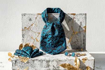 Cravate ascot en soie bleu et noir Roaring 20s Paris avec motifs floraux, assortie d'un mouchoir et boutons de manchette.