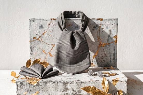 Cravate ascot lavallière en soie gris à carreaux Prince de Galles, avec pochette et boutons de manchette assortis, style Peaky Blinders.