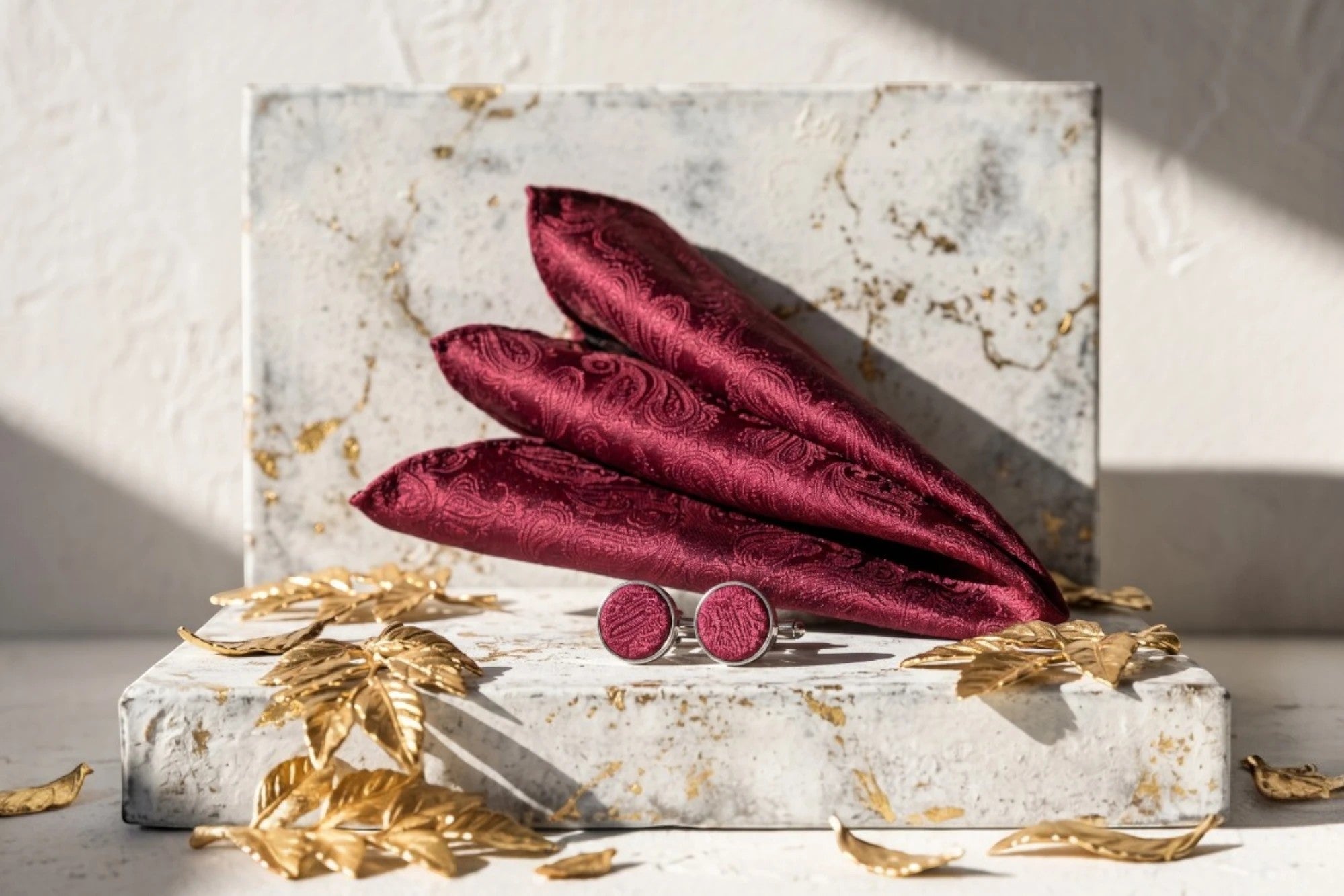 Ensemble Roaring 20s Paris : pochette et boutons de manchette en soie rouge bordeaux à motif cachemire. Accessoires de mariage.