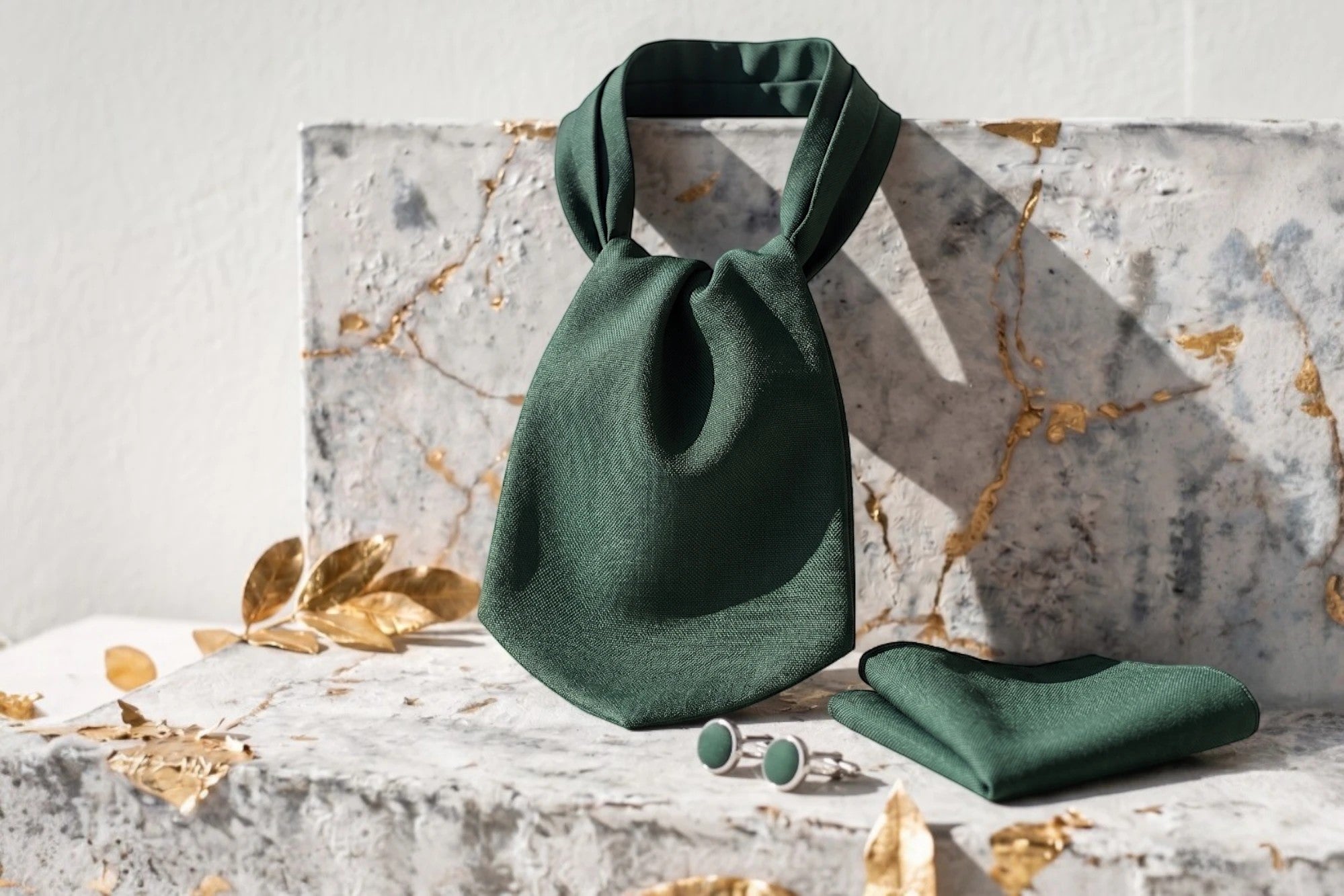 Cravate ascot en soie vert foncé Roaring 20s Paris avec motif, assortie à des boutons de manchette et un mouchoir de poche.