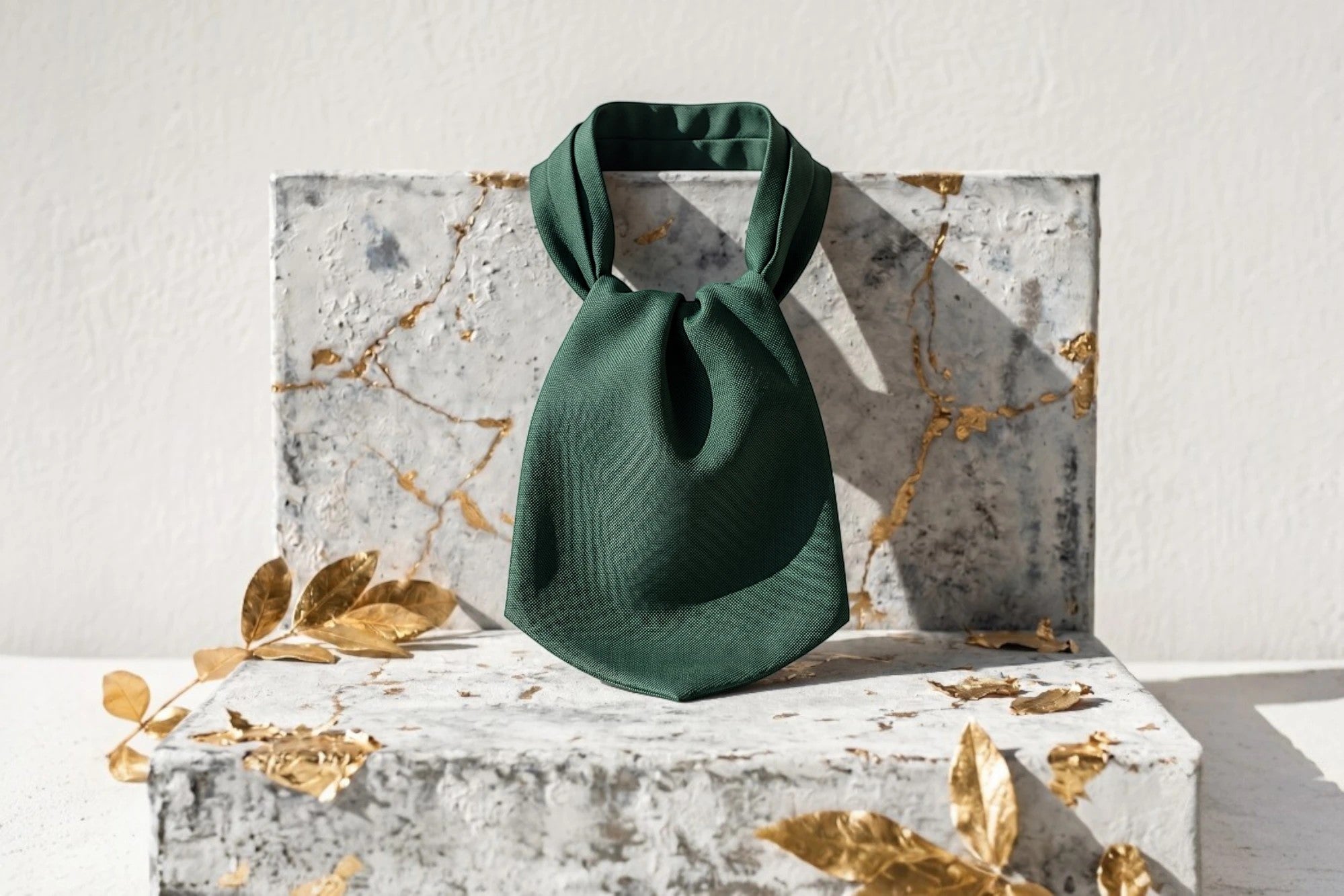 Cravate ascot en soie vert foncé Roaring 20s Paris, motif classique, idéale pour costumes et événements.
