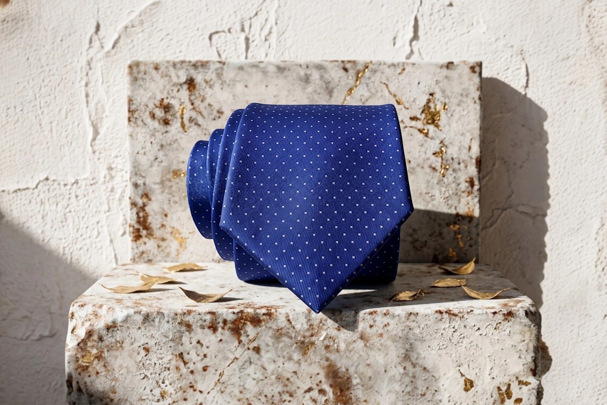 Roaring 20s Paris Cravate bleu marine en soie à pois blancs, 140cm x 8cm, 3% élasthanne. Idéale pour mariage ou soirée chic.