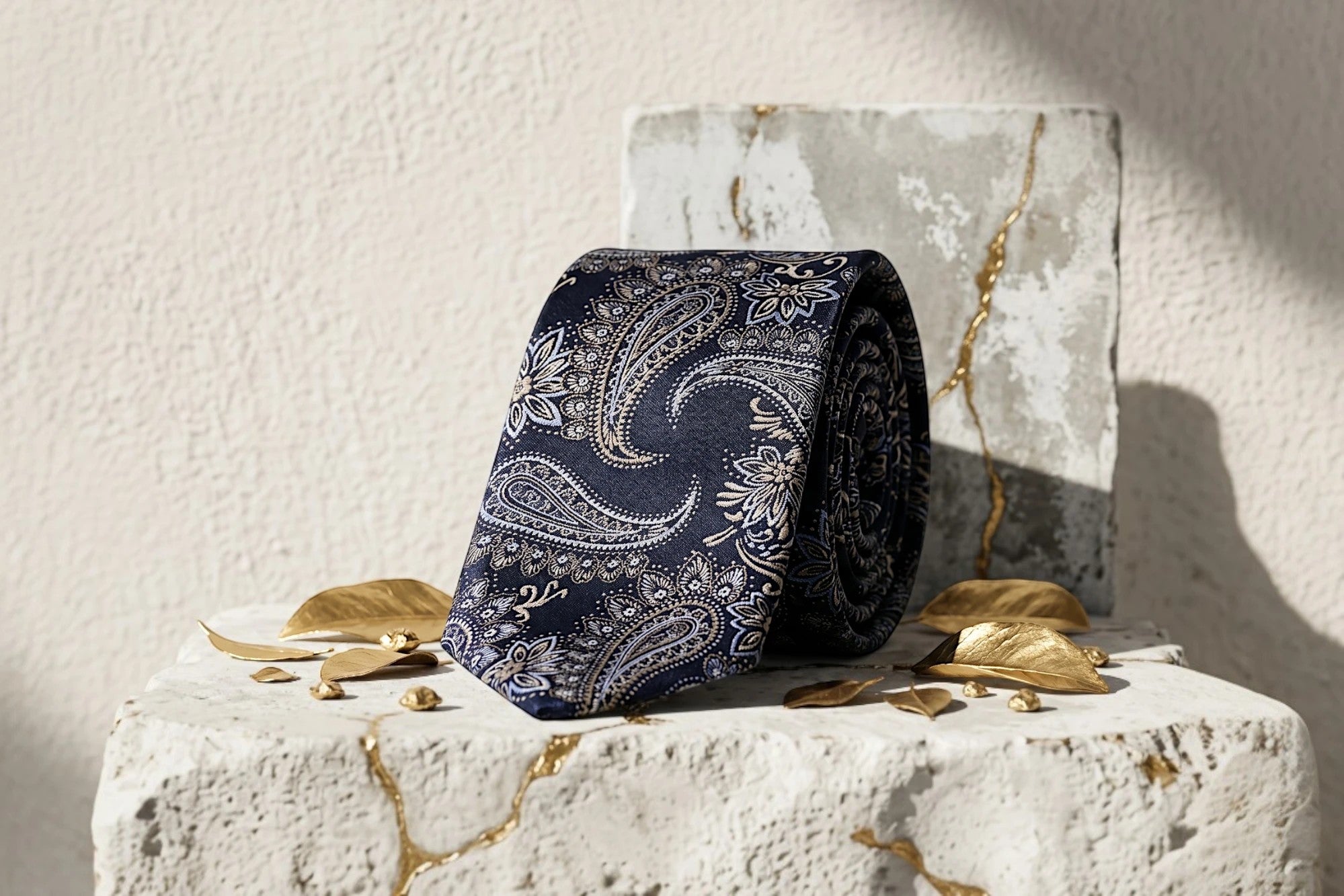 Roaring 20s Paris Cravate en soie bleu marine à motifs cachemire dorés et ivoire. Style vintage Peaky Blinders.