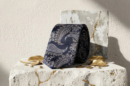 Roaring 20s Paris Cravate en soie bleu marine à motifs cachemire dorés et ivoire. Style vintage Peaky Blinders.