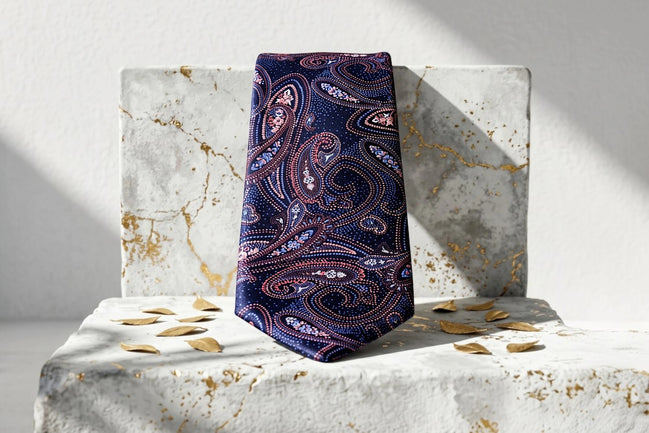 Roaring 20s Paris cravate en soie bleu nuit à motifs cachemire rouge et rose, 6 cm de largeur.