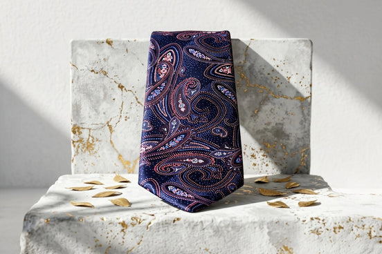 Roaring 20s Paris cravate en soie bleu nuit à motifs cachemire rouge et rose, 6 cm de largeur.