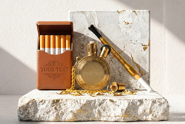 Ensemble fumeur Roaring 20s Paris : étui à cigarettes en cuir marron, briquet doré et porte-cigarette fin, personnalisable avec gravure.