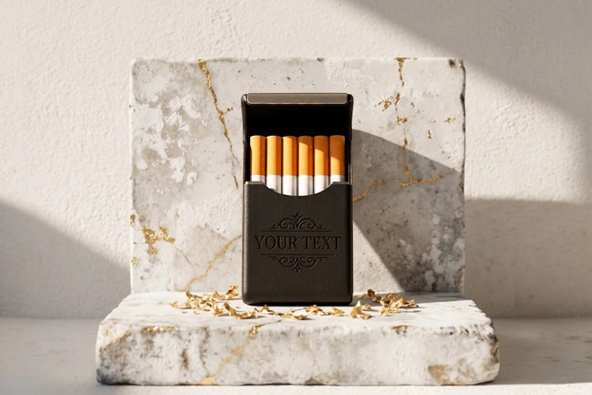 Roaring 20s Paris étui à cigarettes personnalisé en cuir noir avec gravure, capacité 8 cigarettes.