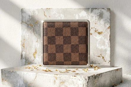 Roaring 20s Paris étui à cigarette vintage en cuir marron à damier avec bordure argentée