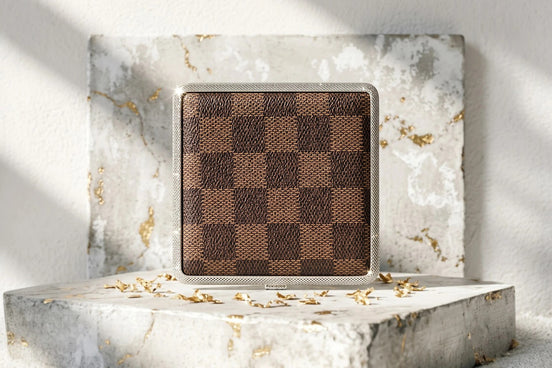 Roaring 20s Paris étui à cigarette vintage en cuir marron à damier avec bordure argentée