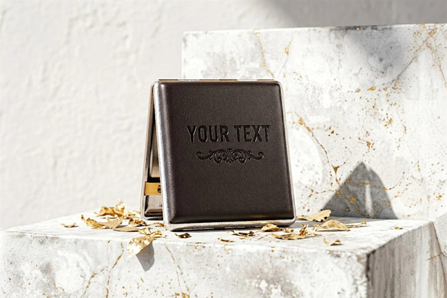 Étui cigarette noir en cuir personnalisé Roaring 20s Paris avec gravure "YOUR TEXT", cadeau chic.