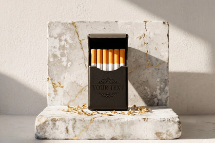 Étui à cigarettes slim en cuir noir personnalisé, style rétro, avec gravure "YOUR TEXT". Capacité 8 cigarettes.