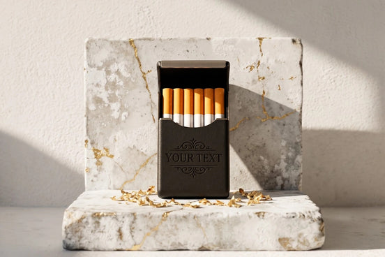 Étui à cigarettes slim en cuir noir personnalisé, style rétro, avec gravure "YOUR TEXT". Capacité 8 cigarettes.