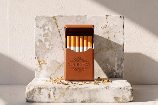 Étui à cigarette slim en cuir marron personnalisé par Roaring 20s Paris, style rétro avec gravure.