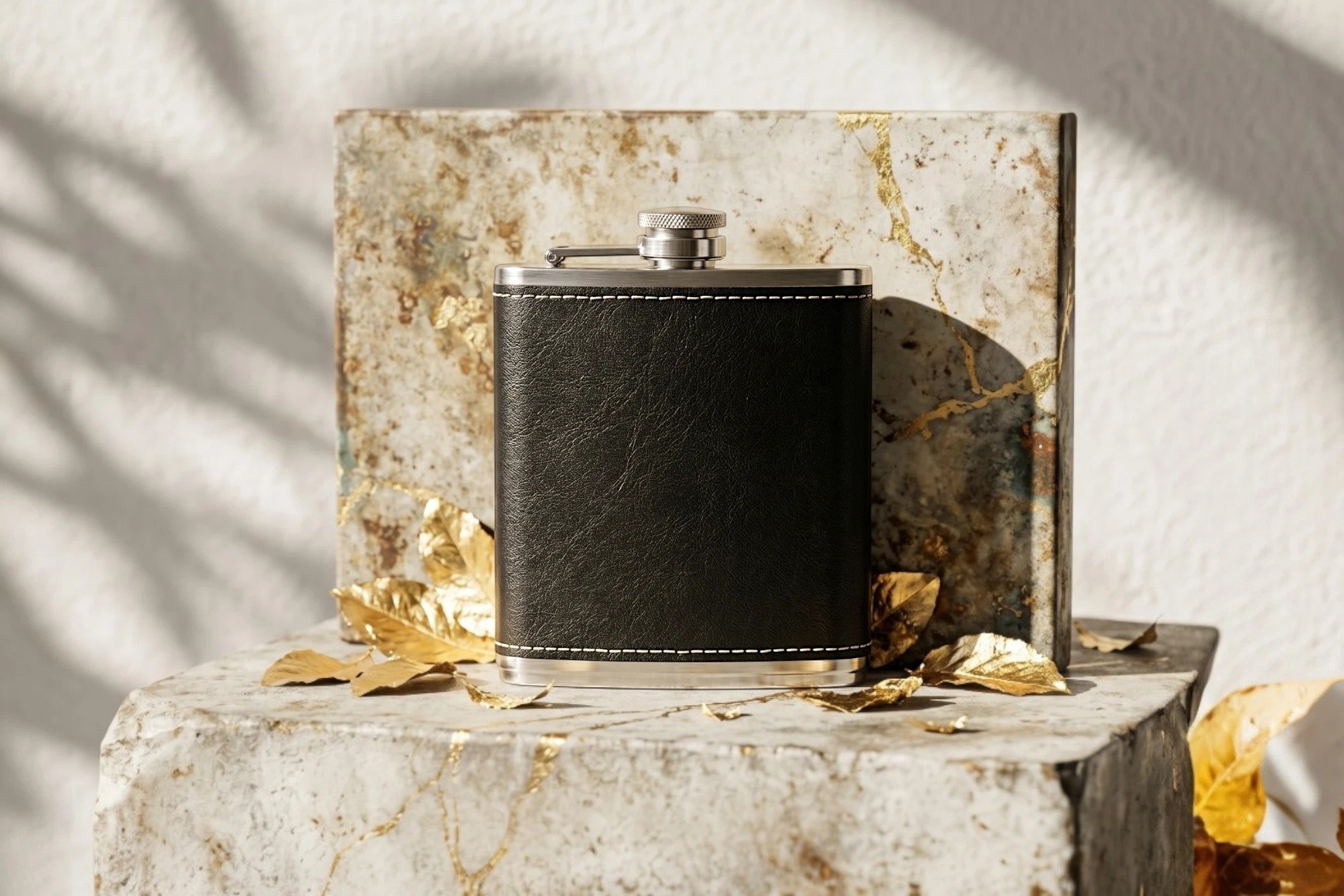 Flasque de poche Roaring 20s Paris en cuir noir et acier inoxydable, personnalisée M.C. Shelby, style vintage.