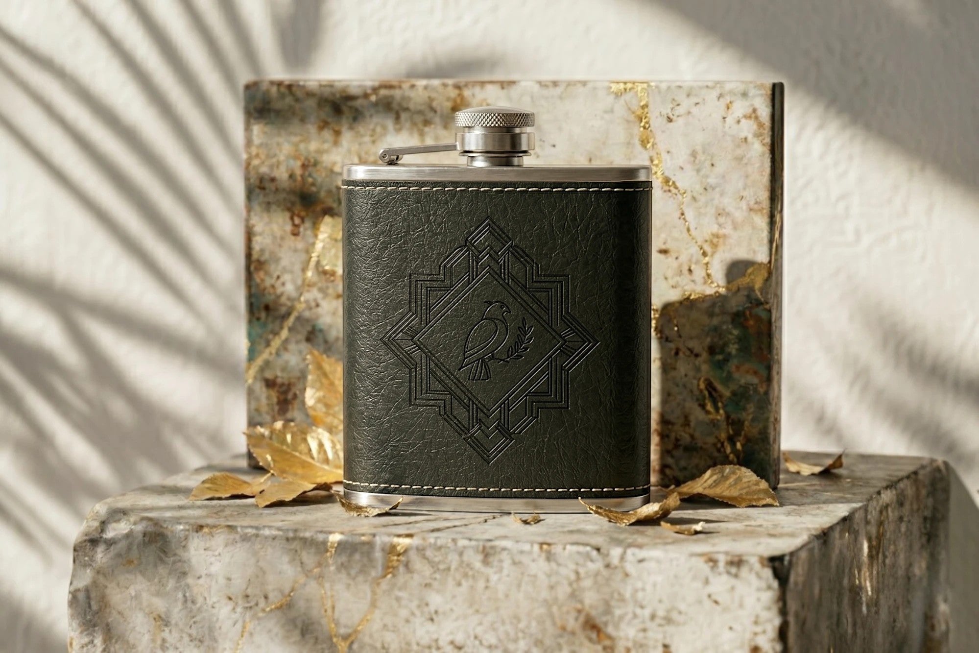 Flasque de poche Roaring 20s Paris en cuir noir avec gravure, acier inoxydable, idée cadeau vintage.