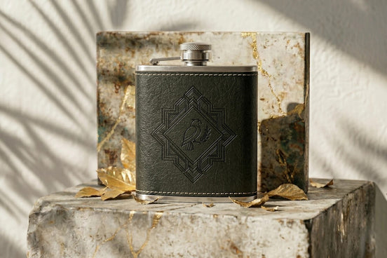 Flasque de poche Roaring 20s Paris en cuir noir avec gravure, acier inoxydable, idée cadeau vintage.