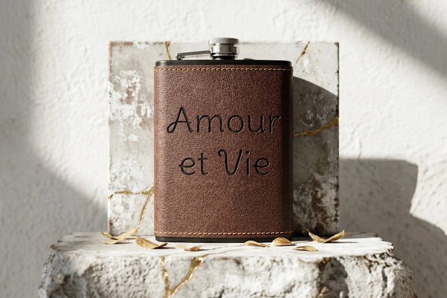Flasque à whisky Roaring 20s Paris en cuir marron avec inscription "Amour et Vie", acier inoxydable, cadeau homme.