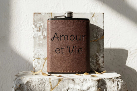 Flasque à whisky Roaring 20s Paris en cuir marron avec inscription "Amour et Vie", acier inoxydable, cadeau homme.