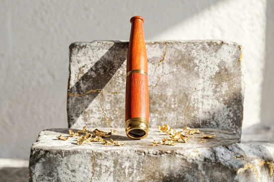 Roaring 20s Paris fume cigarette en bois de noyer marron avec détails dorés, style vintage.
