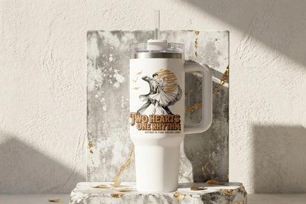 Gobelet Roaring 20s Paris blanc en inox, 40 oz, avec illustration de couple dansant et texte "Two Hearts One Rhythm".
