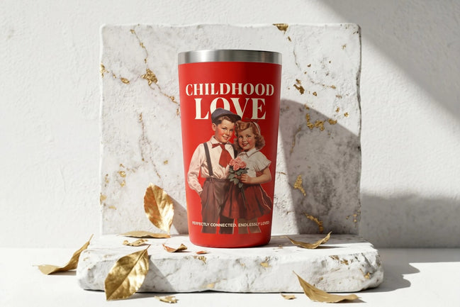 Gobelet rouge Roaring 20s Paris avec illustration d'enfants, "CHILDHOOD LOVE". Acier inoxydable.